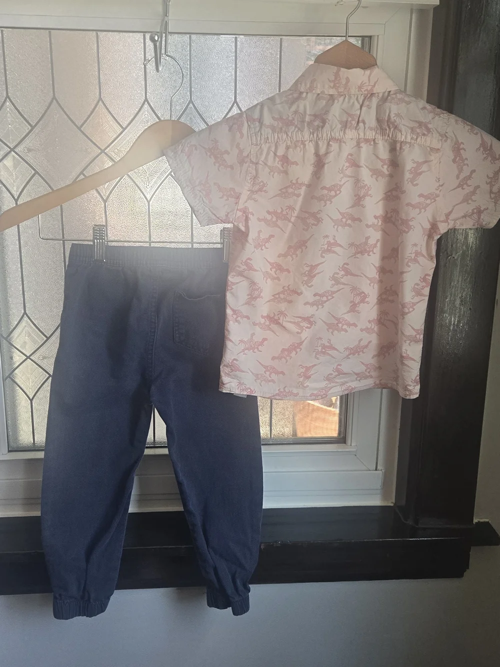 Free Planet Boys Short Sleeve Dino Print Button-Up with Navy Joggers